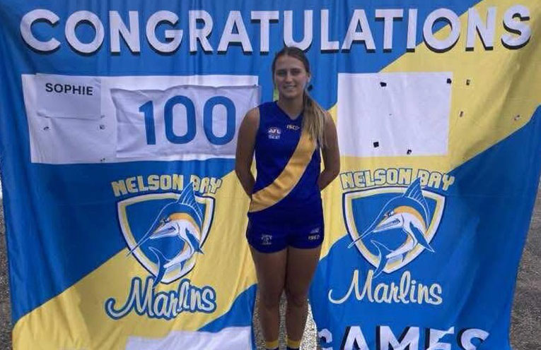 Sophie Elliott reaches 100th milestone for Nelson Bay AFL Marlins