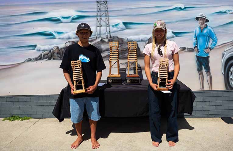 Anna Bay surfing sensation Eden Hasson, 19, and Milla Brown, 17, display their championship trophies. Photo: Paul Danovaro/World Surfing League.