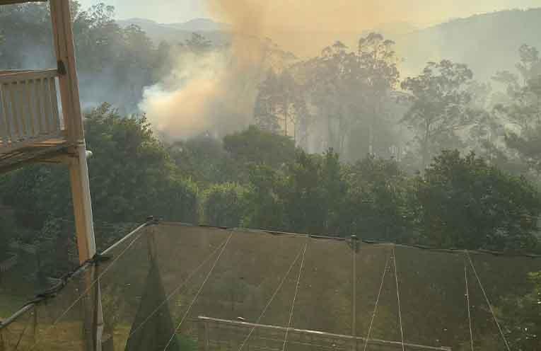 Smoke rises as the fire encroaches on pastoral land west of Karuah. Photo: Mark Pryor.