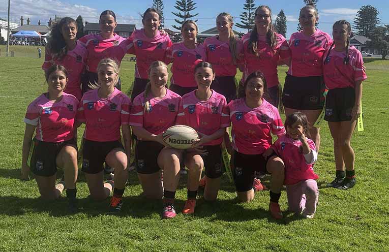 The Lady Hawks in their ‘women in league’ pink jerseys at their final game of the season. Photo: TG Hawks.