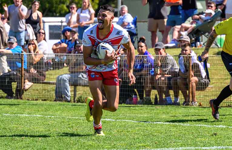 Luke coming in to score his grand final try in his 100th game with the Karuah Roos. Photo: supplied.
