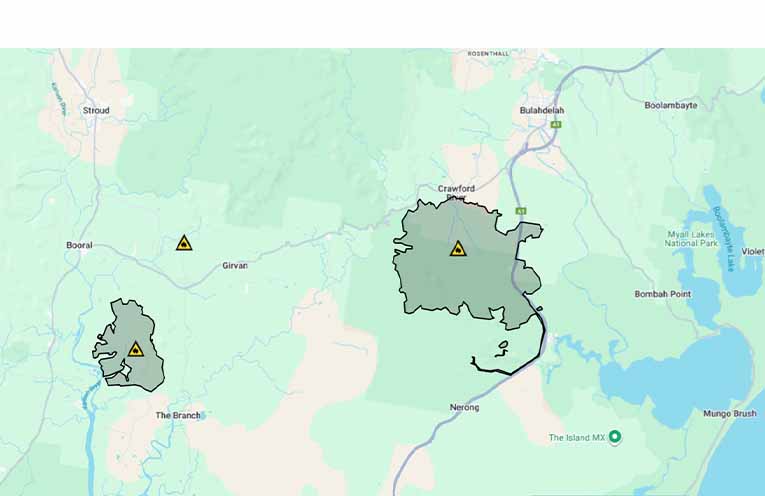 The large fire north of Nerong with backburning along the highway, and another fire along The Branch Lane to the west: Image: Monday, RFS Fires Near Me.