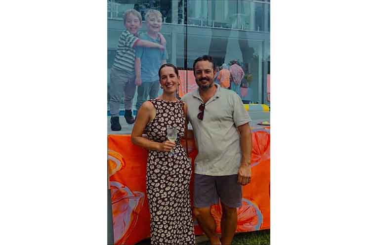 Jacquie and Chris Cooper with the cutout of their son Leo and best mate George, who were the inspirations behind the fundraiser.