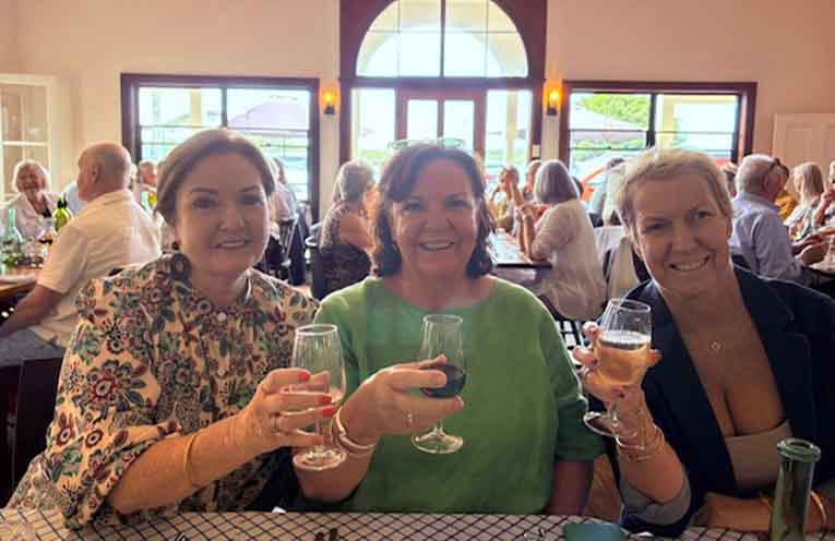 Diners Jenny Crossey, Pauline Shein and Kim Smith enjoying Tillermans’ custom-branded wines during the long lunch on Sunday. Photo: Jacie Whitfield.