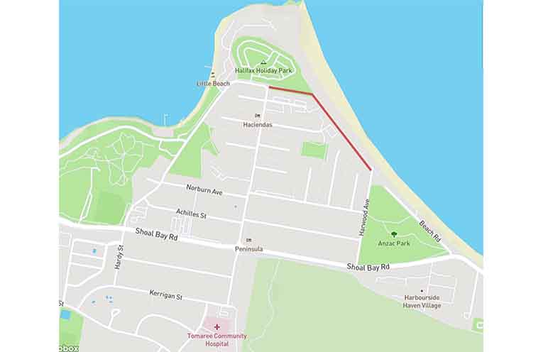 The red line shows where the pathway will be once constructed. Image: Port Stephens Council.