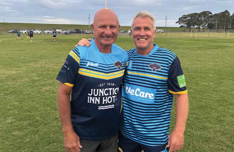 Peter Sterling and Hawks Head of Pathways Garth Brennan at a training session earlier this year. Photo: Northern Hawks Facebook.