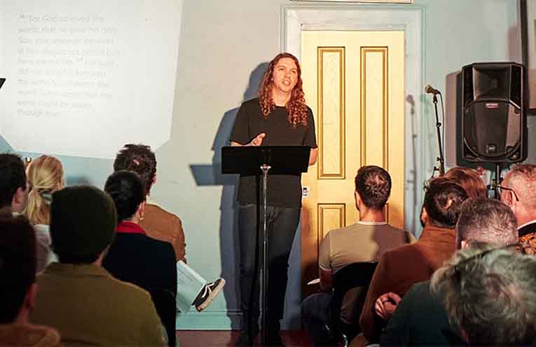 During Simon’s performances, the venue is turned into a makeshift church. Photo: Supplied by Simon Vaughan