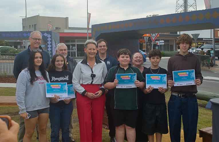 Front row, from left: Nikki Bradshaw, Emma Rose, Mayor Leah Anderson, Peter Law, Jake Feenan, Tex Feenan. Back row: Cr Jason Wells, Cr Peter Francis, Cr Giacomo Arnott, Jennifer Underwood. Photo: Nico Lombardo.