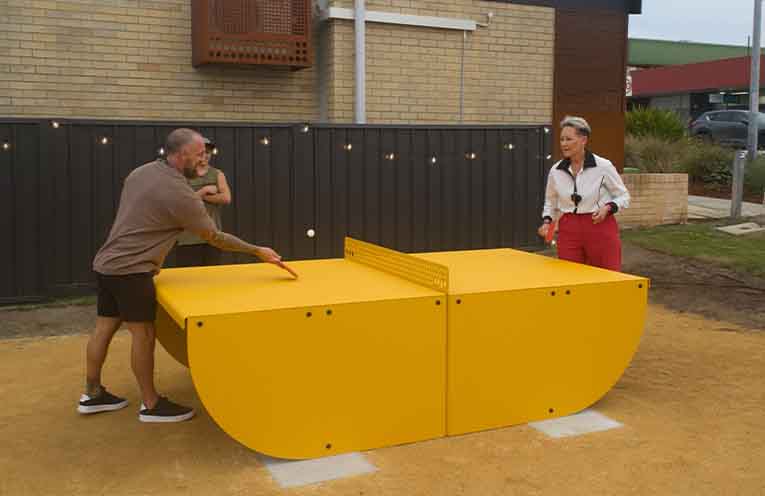 Mayor Leah Anderson enjoying a game of ping-pong at the newly installed table. Photo: Nico Lombardo.