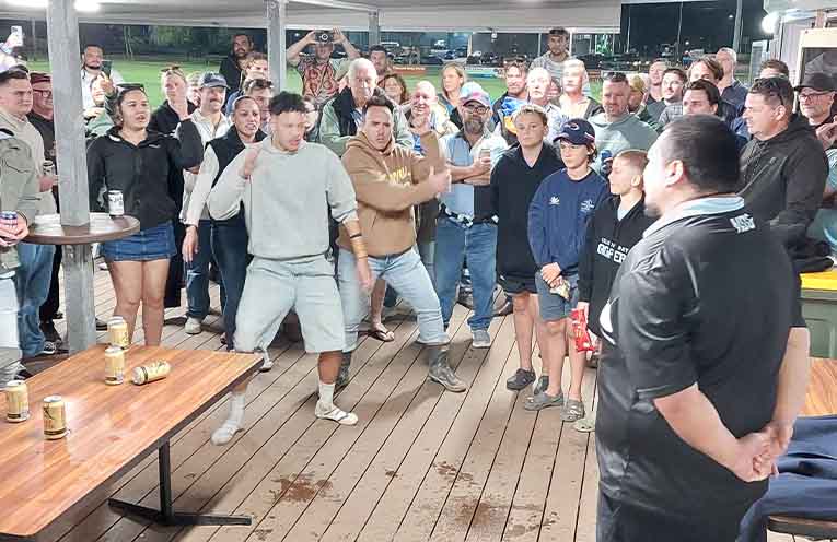 Rising Nelson Bay junior fullback Raumanuka Takarua leads a version of the haka with club legends Adam Edwards and Michael Wiringi in honour of club stalwart Zion Takarua after his 100th senior game appearance.