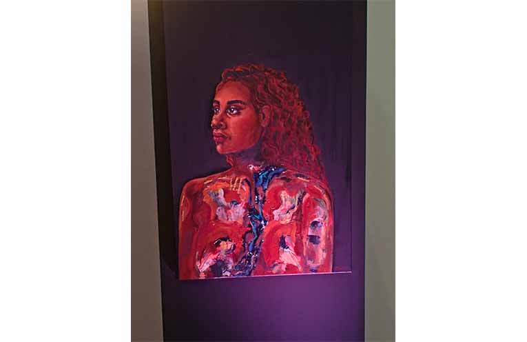 Jasmine Christie’s artwork, titled ‘She Wears the Land and the Land Wears Her’, portrays her ancestral grandmother. Photo: Nico Lombardo.