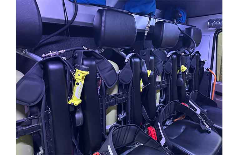 Inside the vehicle, showing the crew breathing apparatus placement. Photo: Captain Andrew Collin.