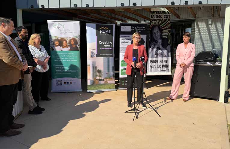 Minister Jodie Harrison speaks at the opening of Aunty Colleen’s Place, with Port Stephens MP Kate Washington looking on. Photo: Office of Jodie Harrison.
