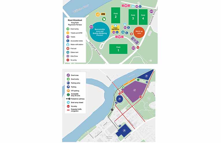 Event and parking maps show entry points, facilities, pedestrian routes and areas where traffic congestion is expected during the NSW Koori Knockout. Photo: Port Stephens Council.